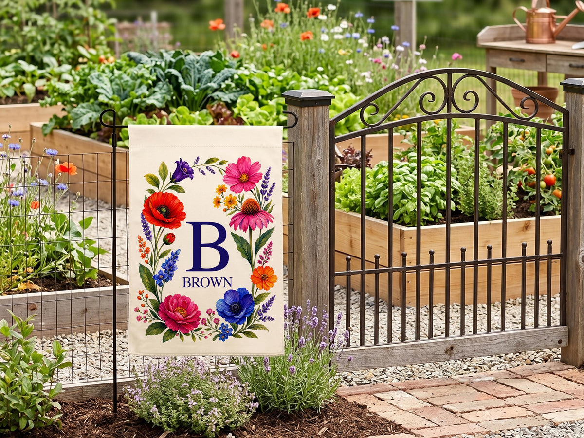 Personalized Floral Garden Flag, Family Name Flag Housewarming Gift, Custom Initial Yard Decor Flag, Watercolor Chinoiseries Flag