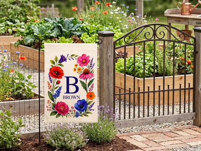 Personalized Floral Garden Flag, Family Name Flag Housewarming Gift, Custom Initial Yard Decor Flag, Watercolor Chinoiseries Flag