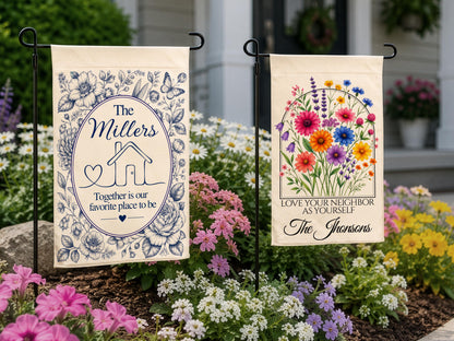 Personalized Floral Garden Flag, Family Gifts for New Home Owner, Initial Yard Décor, Custom Family Name Welcome Flag, Housewarming Gifts