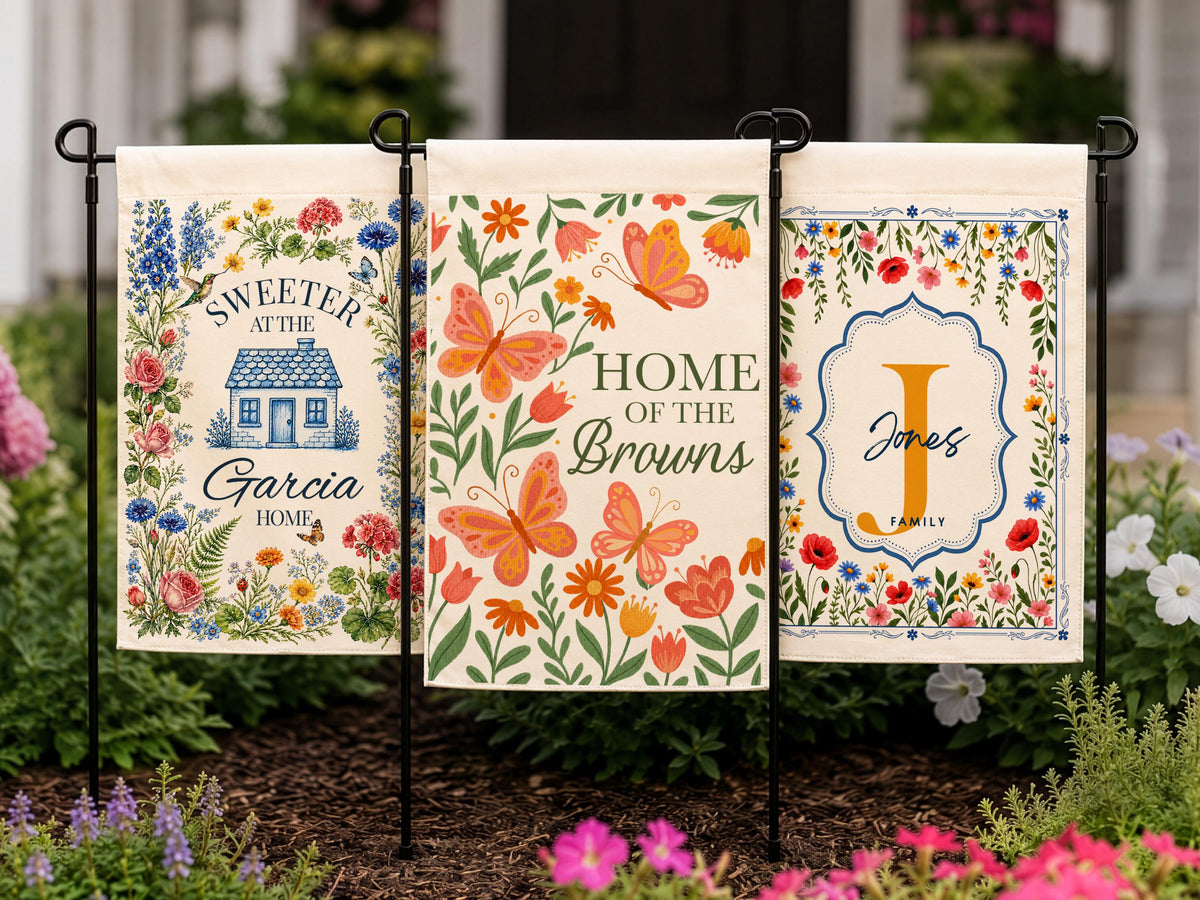 Personalized Floral Garden Flag, Family Gifts for New Home Owner, Initial Yard Décor, Custom Family Name Welcome Flag, Housewarming Gifts