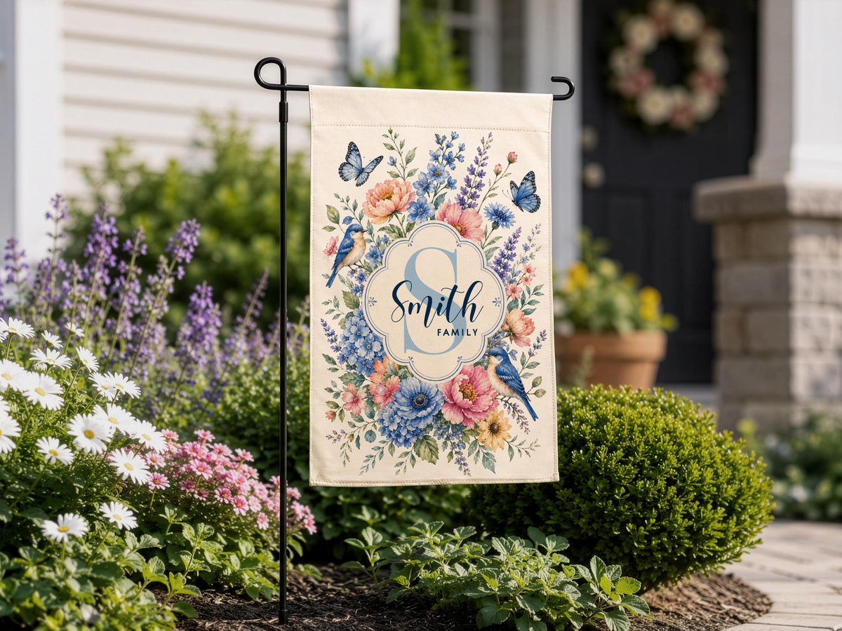 Personalized Floral Garden Flag, Family Gifts for New Home Owner, Initial Yard Décor, Custom Family Name Welcome Flag, Housewarming Gifts