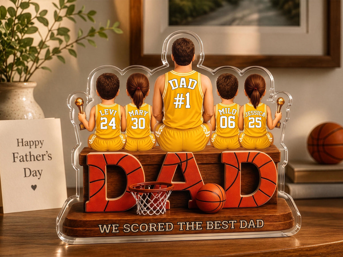 Personalized Basketball Dad Gift, We Scored The Best Dad Sign, 2D Acrylic Plaque with Kids Names, Father's Day Gift for Grandpa Husband
