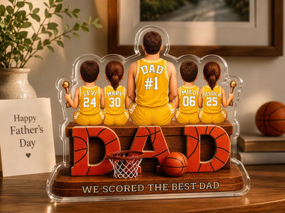 Personalized Basketball Dad Gift, We Scored The Best Dad Sign, 2D Acrylic Plaque with Kids Names, Father's Day Gift for Grandpa Husband