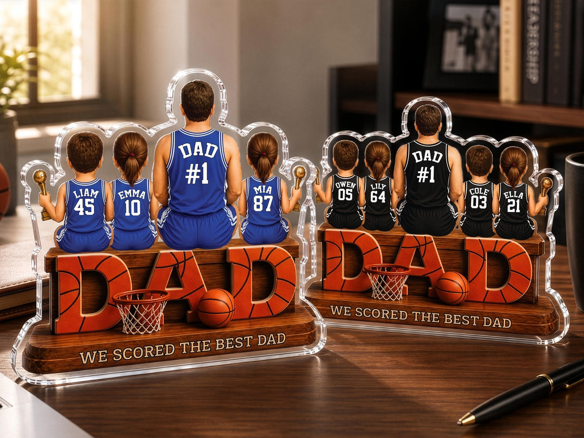 Personalized Basketball Dad Gift, We Scored The Best Dad Sign, 2D Acrylic Plaque with Kids Names, Father's Day Gift for Grandpa Husband