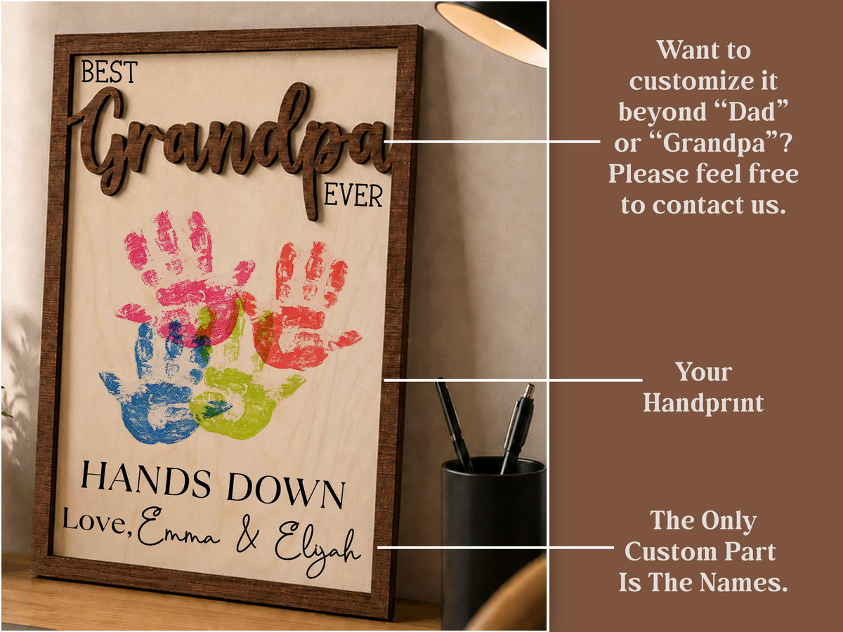 Personalized Hands Down Best Dad Ever Sign, Fathers Day Gift Keepsake Handprint Sign, Custom Wooden Sign, DIY Hand Print Sign for Dad Gift