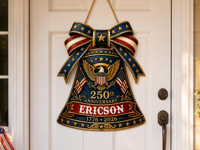 Personalized USA 250 Liberty Bell Sign, Custom Family Name Patriotic Door Hanger, 4th of July Wooden Door Sign, 1776-2026 America Decor