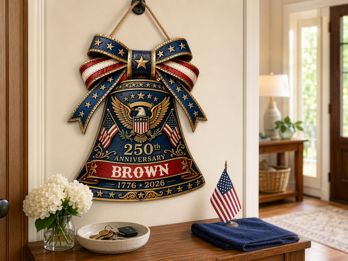 Personalized USA 250 Liberty Bell Sign, Custom Family Name Patriotic Door Hanger, 4th of July Wooden Door Sign, 1776-2026 America Decor