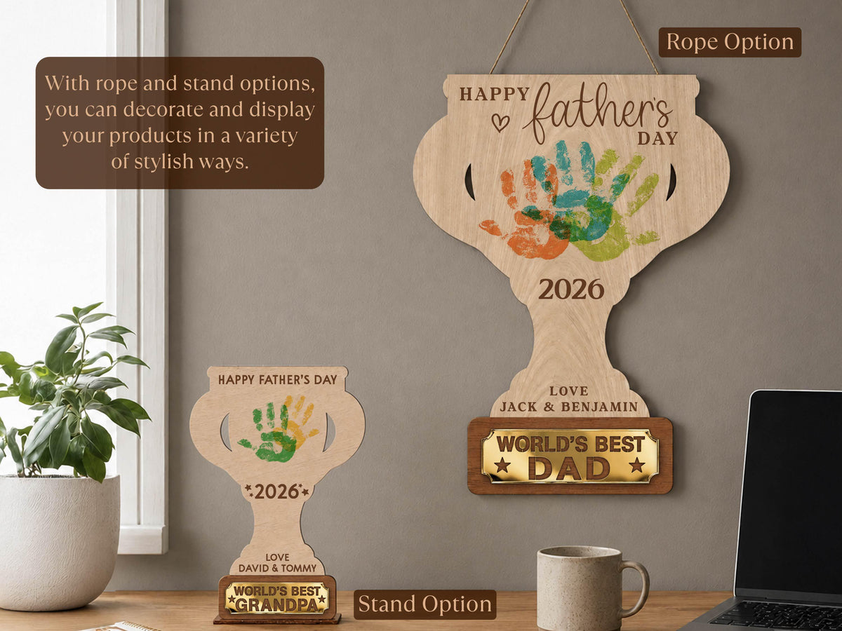 Personalized Father’s Day Handprint Trophy Sign, World's Best Dad Award, Kids Handprint Keepsake, Dad Wood Sign with Kids Names Dad Gift