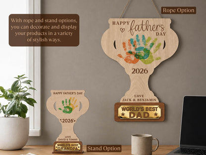 Personalized Father’s Day Handprint Trophy Sign, World's Best Dad Award, Kids Handprint Keepsake, Dad Wood Sign with Kids Names Dad Gift