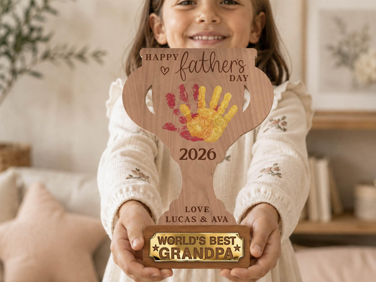 Personalized Father’s Day Handprint Trophy Sign, World's Best Dad Award, Kids Handprint Keepsake, Dad Wood Sign with Kids Names Dad Gift