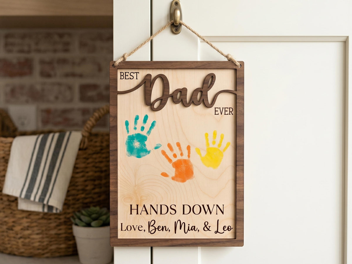 Personalized Hands Down Best Dad Ever Sign, Father's Day Gift for Dad Grandpa, DIY Handprint Wooden Sign, Dad Gift from Kids