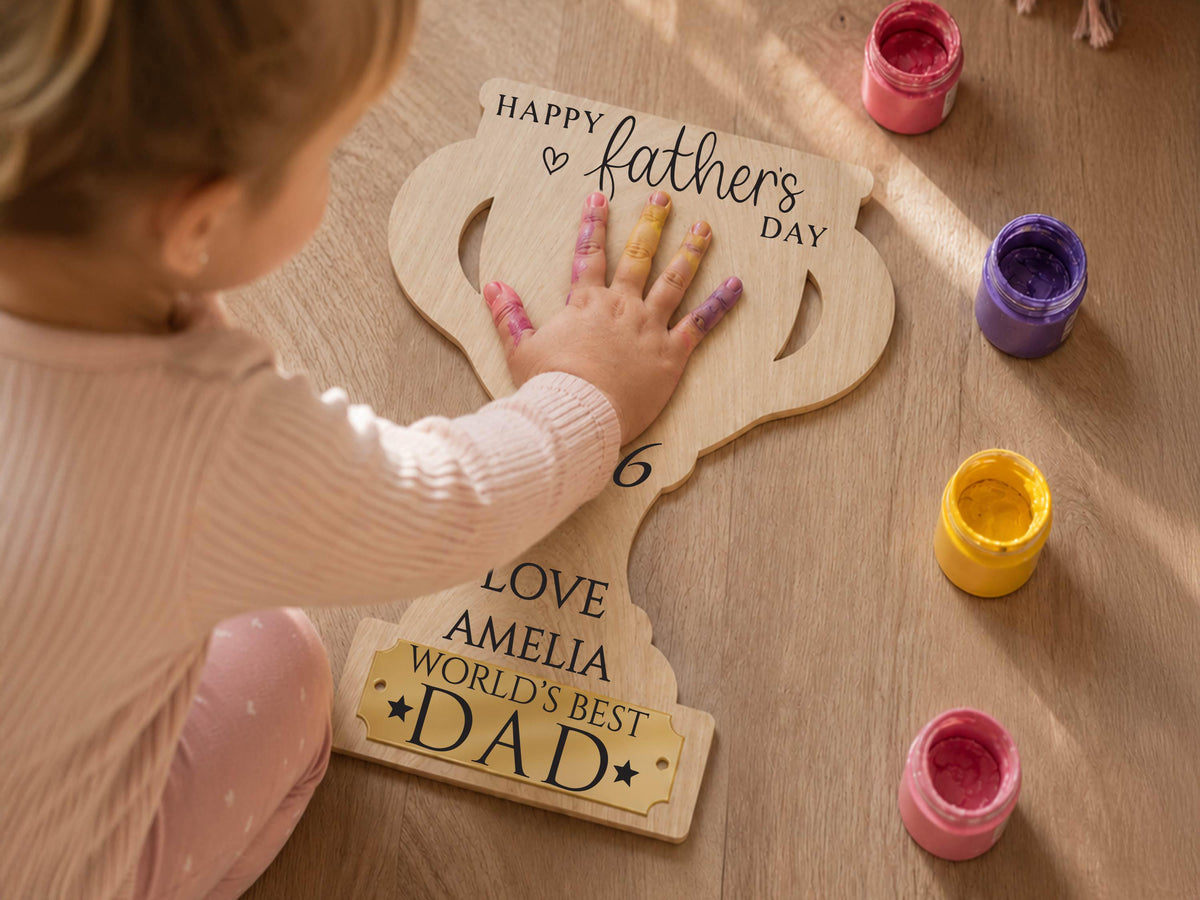 Dad Gift from Kids, Hands Down Best Dad Ever Sign, Personalized Father's Day Handprint Trophy, Kids Keepsake Wood Sign for Daddy Grandpa