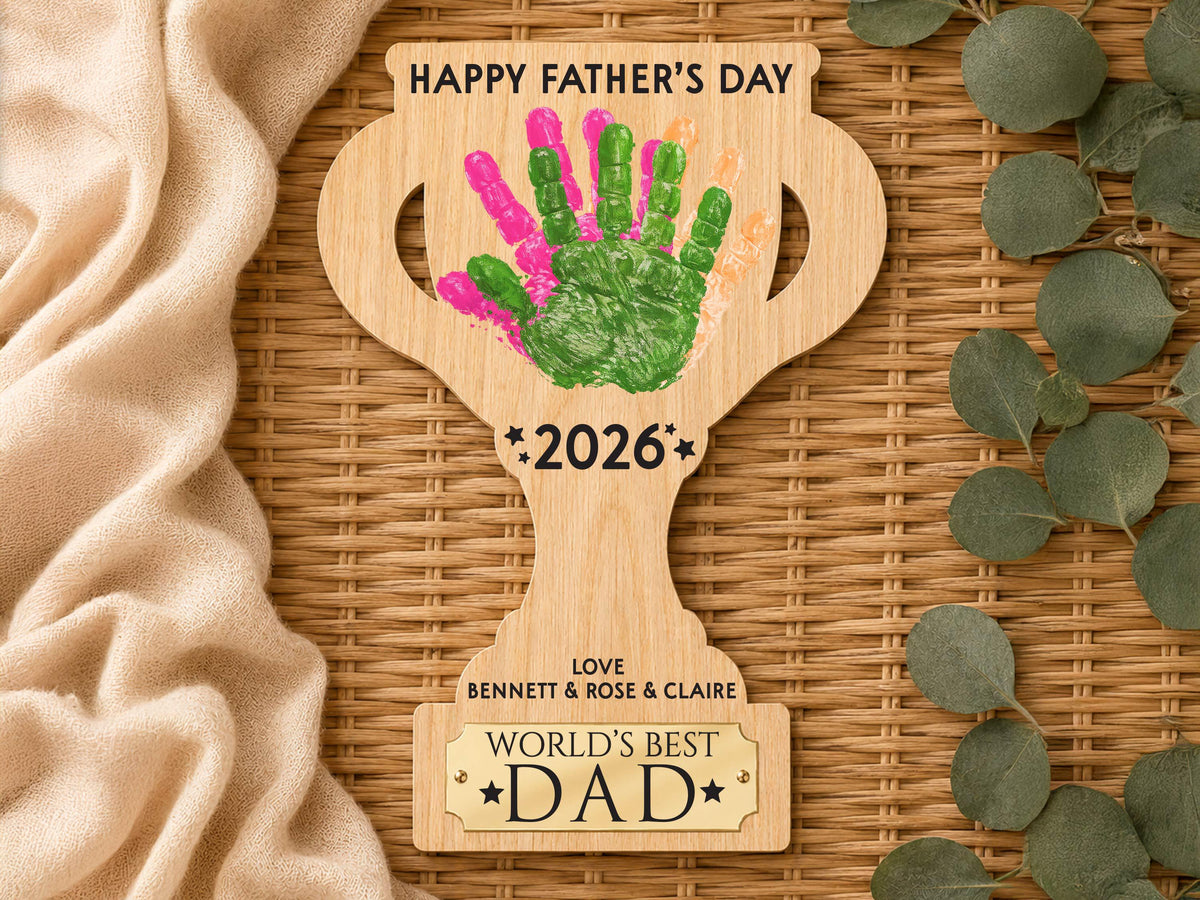 Dad Gift from Kids, Hands Down Best Dad Ever Sign, Personalized Father's Day Handprint Trophy, Kids Keepsake Wood Sign for Daddy Grandpa