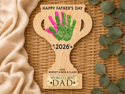 Dad Gift from Kids, Hands Down Best Dad Ever Sign, Personalized Father's Day Handprint Trophy, Kids Keepsake Wood Sign for Daddy Grandpa