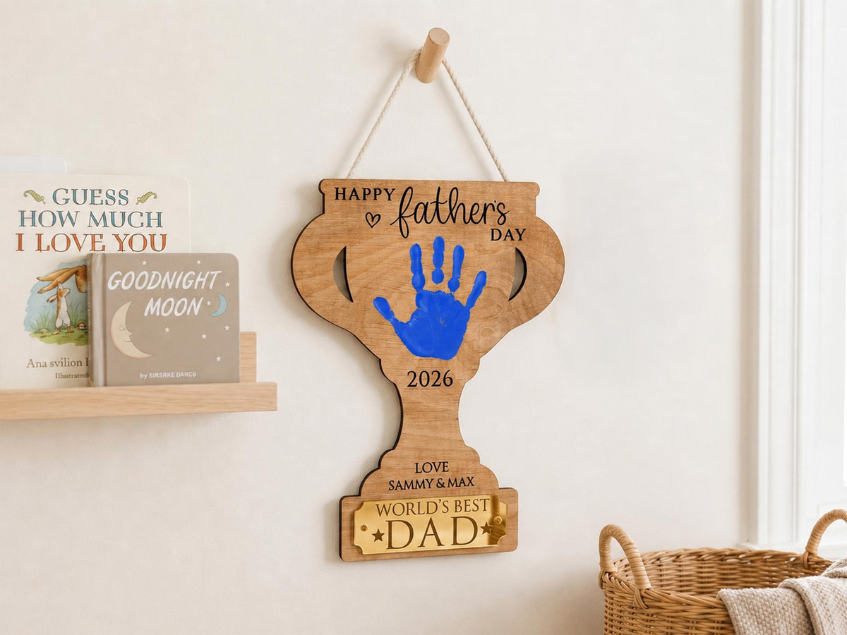 Dad Gift from Kids, Hands Down Best Dad Ever Sign, Personalized Father's Day Handprint Trophy, Kids Keepsake Wood Sign for Daddy Grandpa