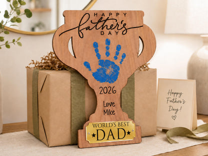 Dad Gift from Kids, Hands Down Best Dad Ever Sign, Personalized Father's Day Handprint Trophy, Kids Keepsake Wood Sign for Daddy Grandpa