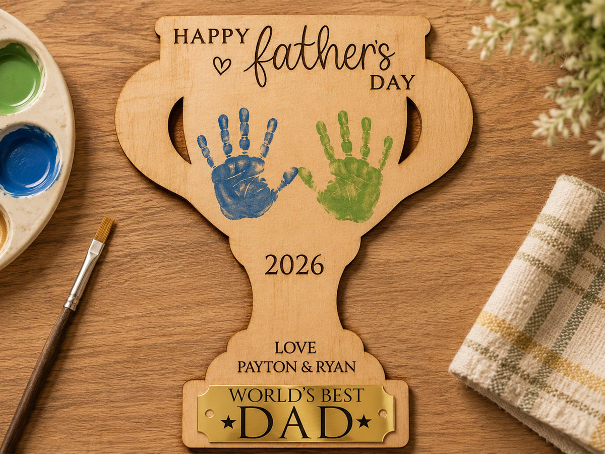 Dad Gift from Kids, Hands Down Best Dad Ever Sign, Personalized Father's Day Handprint Trophy, Kids Keepsake Wood Sign for Daddy Grandpa