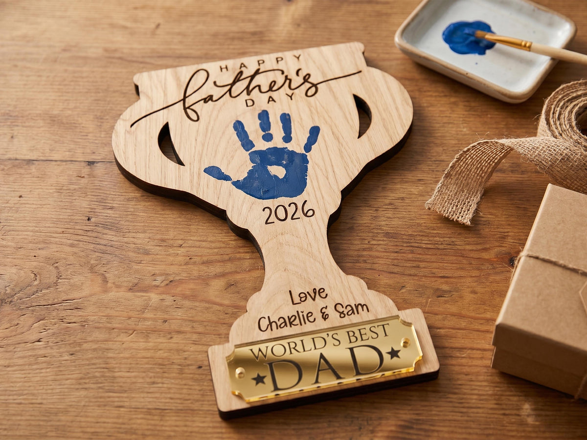 Dad Gift from Kids, Hands Down Best Dad Ever Sign, Personalized Father's Day Handprint Trophy, Kids Keepsake Wood Sign for Daddy Grandpa