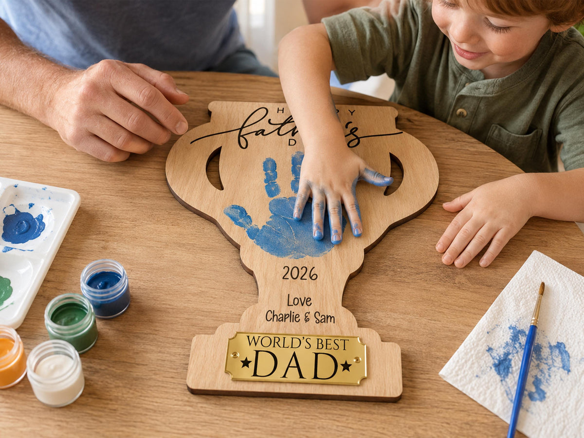 Dad Gift from Kids, Hands Down Best Dad Ever Sign, Personalized Father's Day Handprint Trophy, Kids Keepsake Wood Sign for Daddy Grandpa