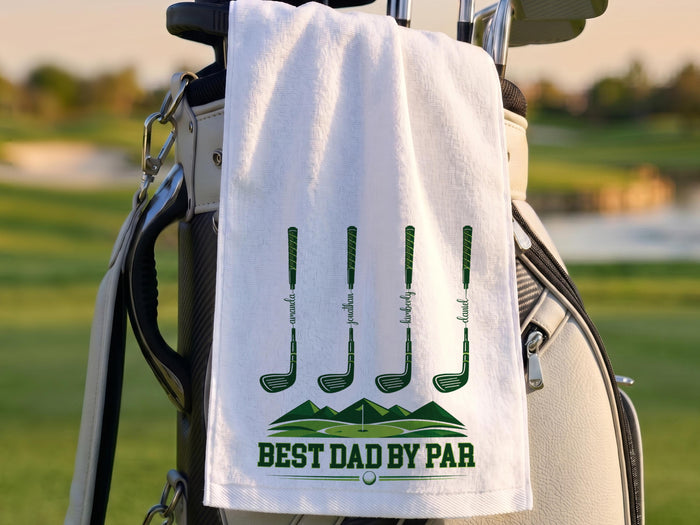 Personalized Golf Towel for Dad, Best Dad By Par Gift with Kids Names, Custom Father’s Day Golf Gift for Dad Grandpa, Golf Lover Gift