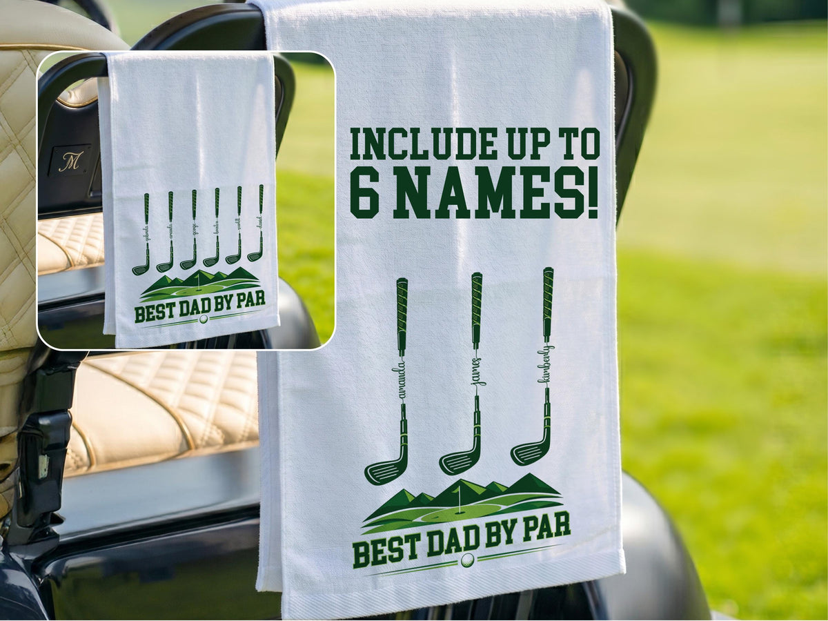 Personalized Golf Towel for Dad, Best Dad By Par Gift with Kids Names, Custom Father’s Day Golf Gift for Dad Grandpa, Golf Lover Gift