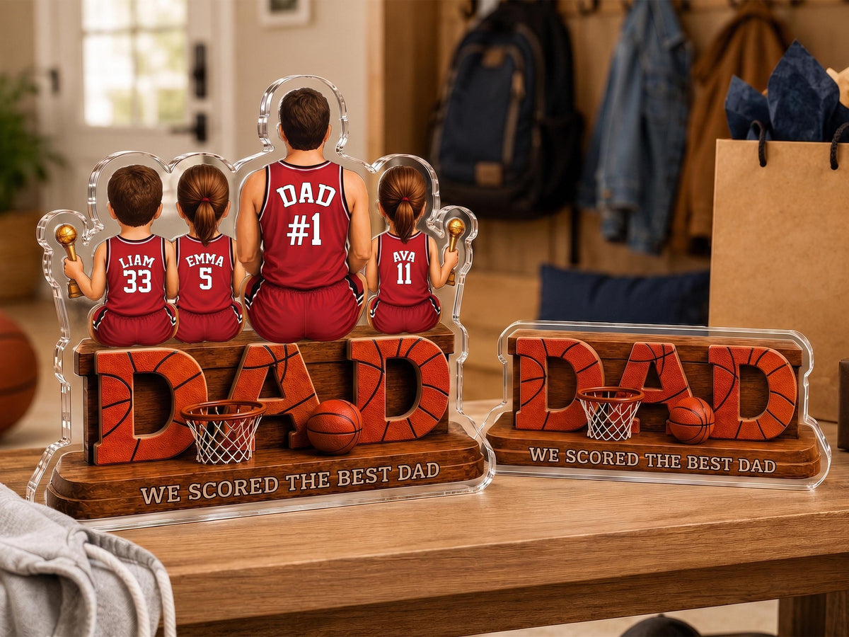Personalized Basketball Dad Gift, We Scored The Best Dad Sign, 2D Acrylic Plaque with Kids Names, Father's Day Gift for Grandpa Husband