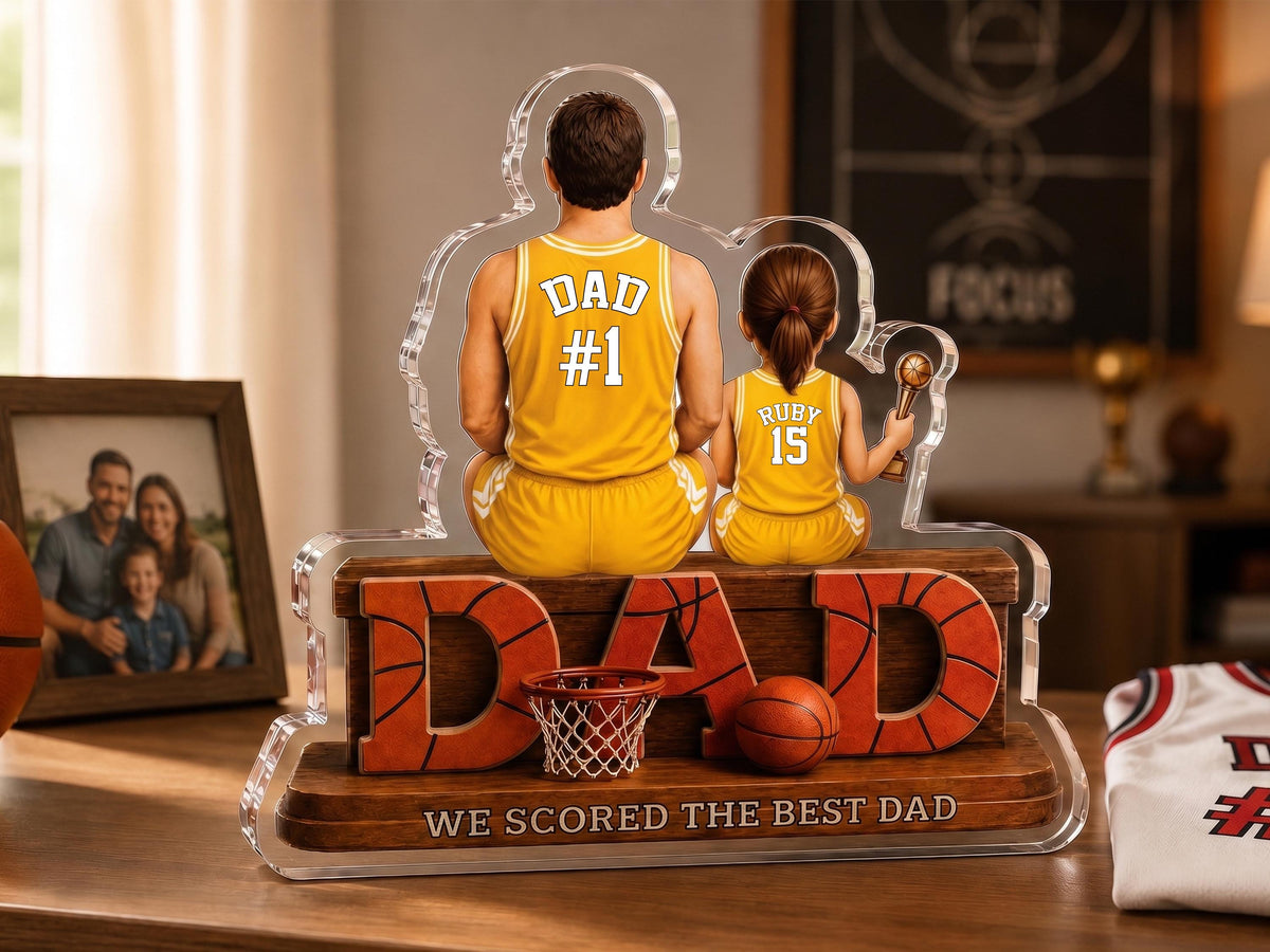 Personalized Basketball Dad Gift, We Scored The Best Dad Sign, 2D Acrylic Plaque with Kids Names, Father's Day Gift for Grandpa Husband