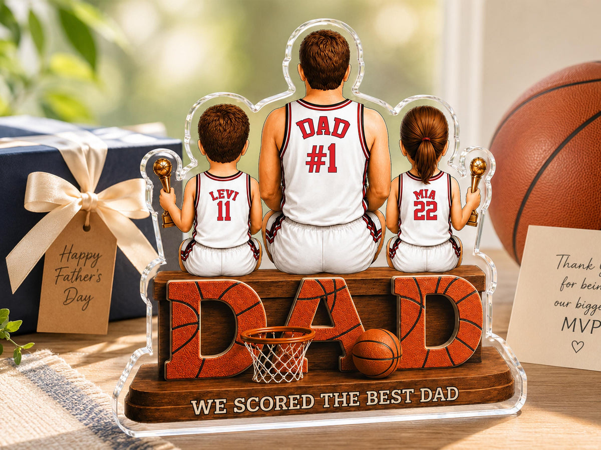 Personalized Basketball Dad Gift, We Scored The Best Dad Sign, 2D Acrylic Plaque with Kids Names, Father's Day Gift for Grandpa Husband