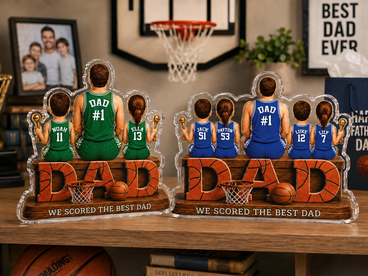 Personalized Basketball Dad Gift, We Scored The Best Dad Sign, 2D Acrylic Plaque with Kids Names, Father's Day Gift for Grandpa Husband
