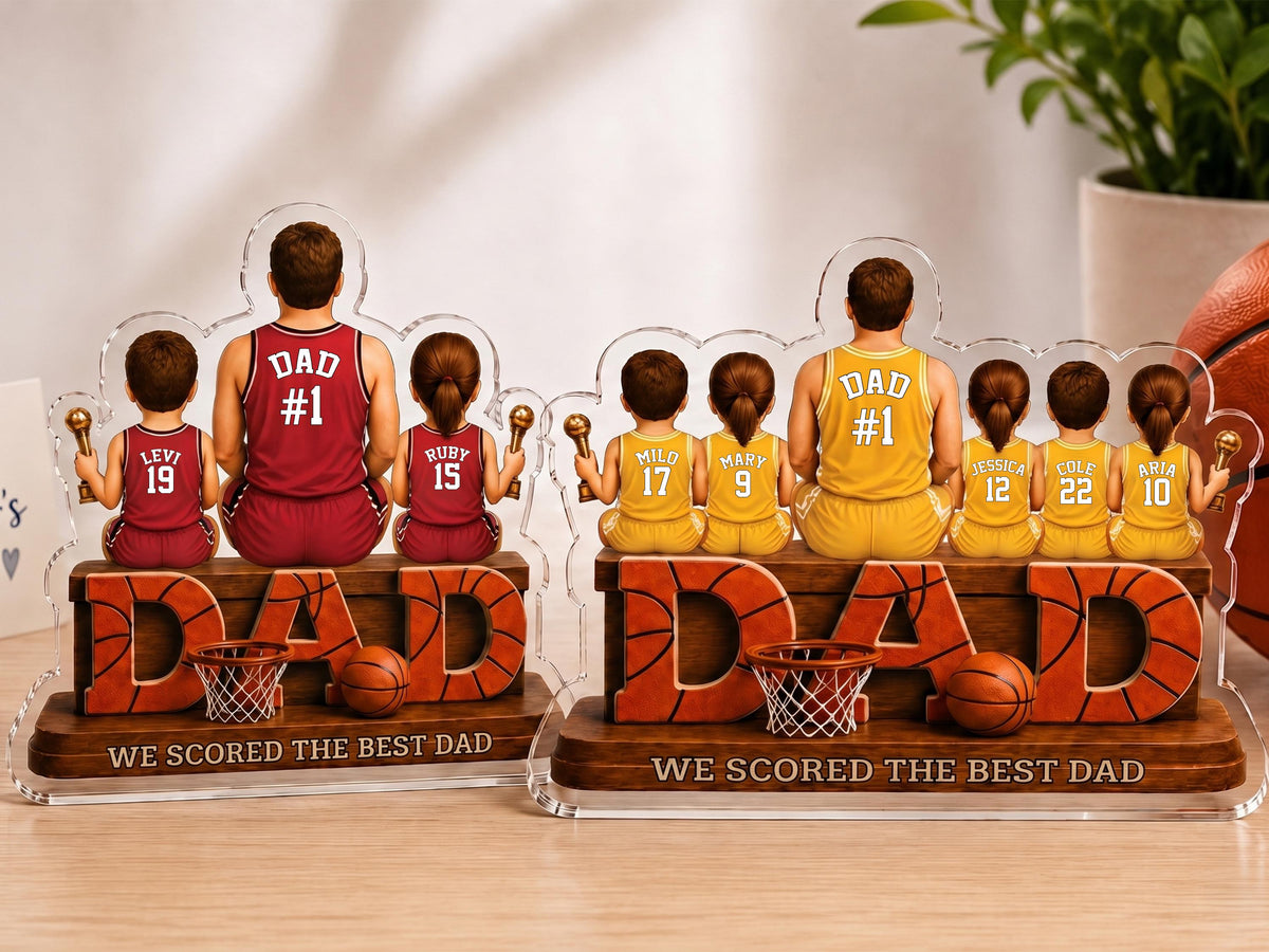 Personalized Basketball Dad Gift, We Scored The Best Dad Sign, 2D Acrylic Plaque with Kids Names, Father's Day Gift for Grandpa Husband