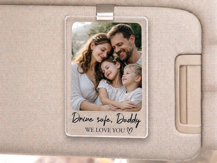 Personalized Car Visor Clip Gift for Dad, First Father’s Day Drive Safe Daddy Gifts, Custom Photo Sun Visor Clip, Unique Dad Gifts from Kids