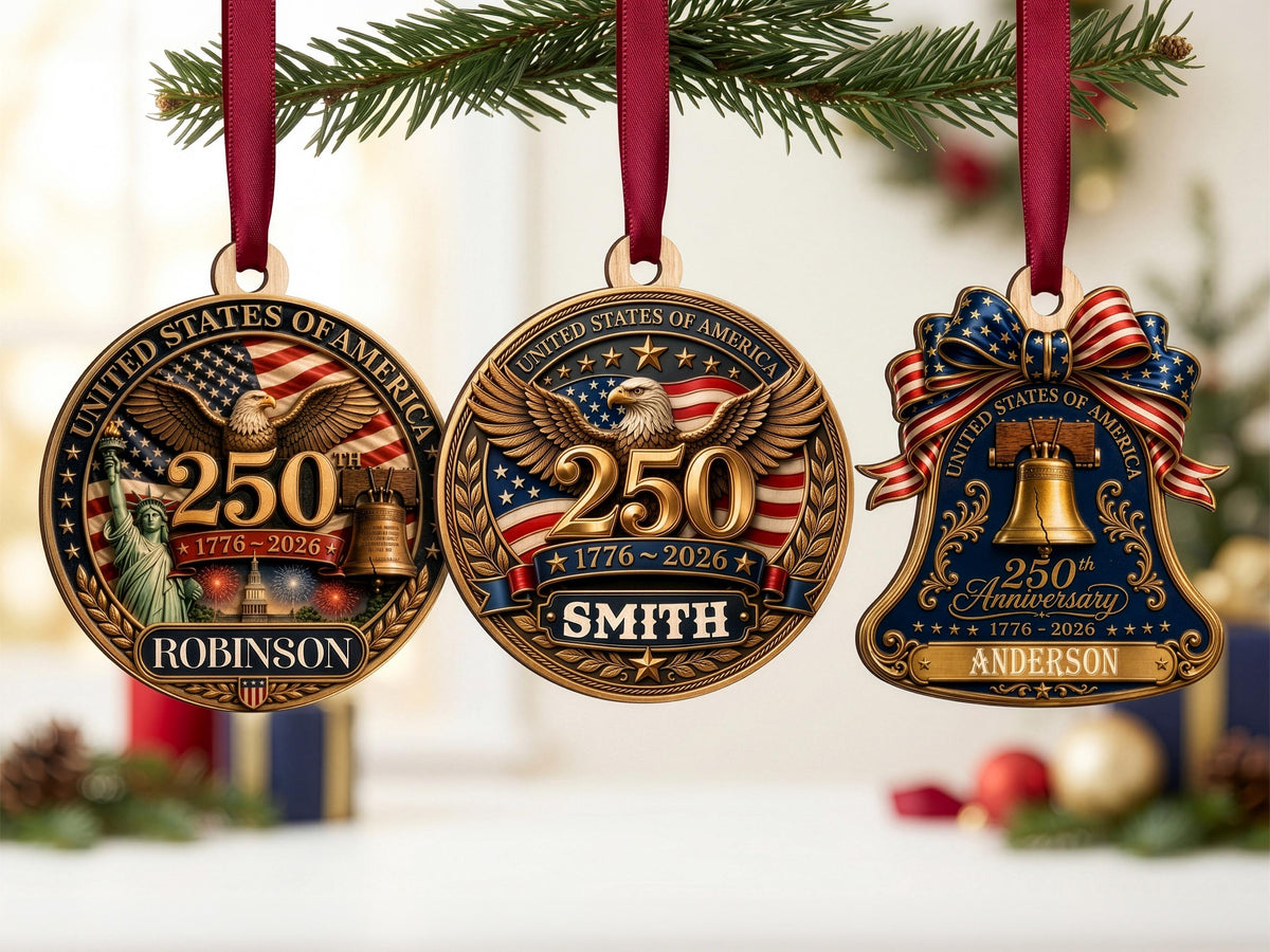 Personalized America 250th Anniversary Ornament Gift, Custom 4th of July American Flag Gift for Him, Wood USA Flag Memorial Patriotic Gift