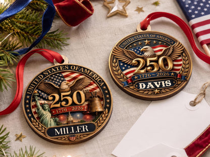 Personalized America 250th Anniversary Ornament Gift, Custom 4th of July American Flag Gift for Him, Wood USA Flag Memorial Patriotic Gift