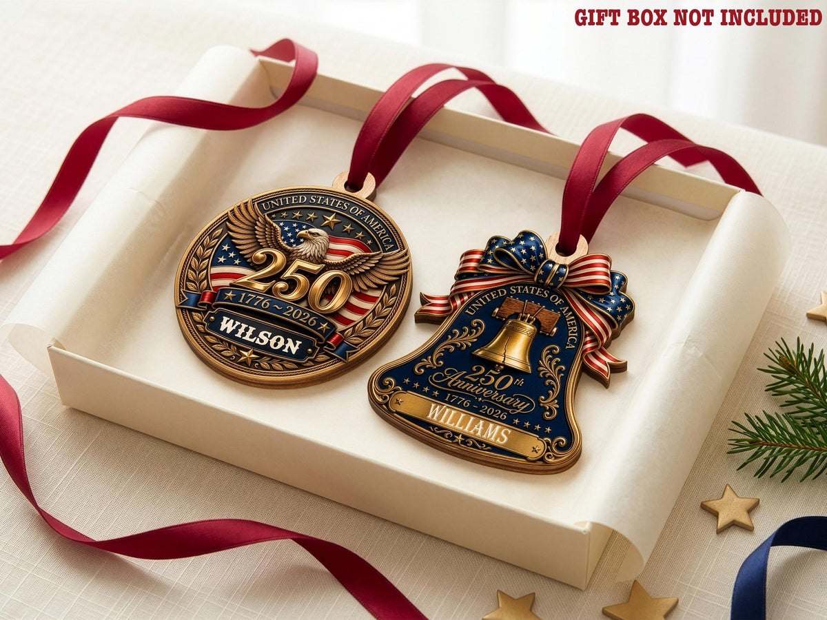 Personalized America 250th Anniversary Ornament Gift, Custom 4th of July American Flag Gift for Him, Wood USA Flag Memorial Patriotic Gift