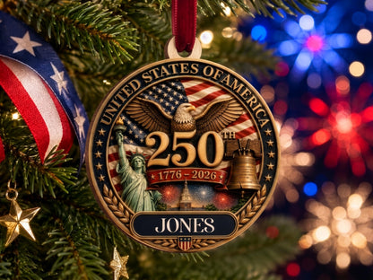 Personalized America 250th Anniversary Ornament Gift, Custom 4th of July American Flag Gift for Him, Wood USA Flag Memorial Patriotic Gift