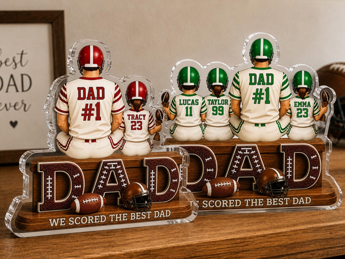 Personalized American Football Dad Gift, We Scored The Best Dad Sign, 2D Acrylic Plaque with Kids Names, Fathers Day Football Lover Keepsake