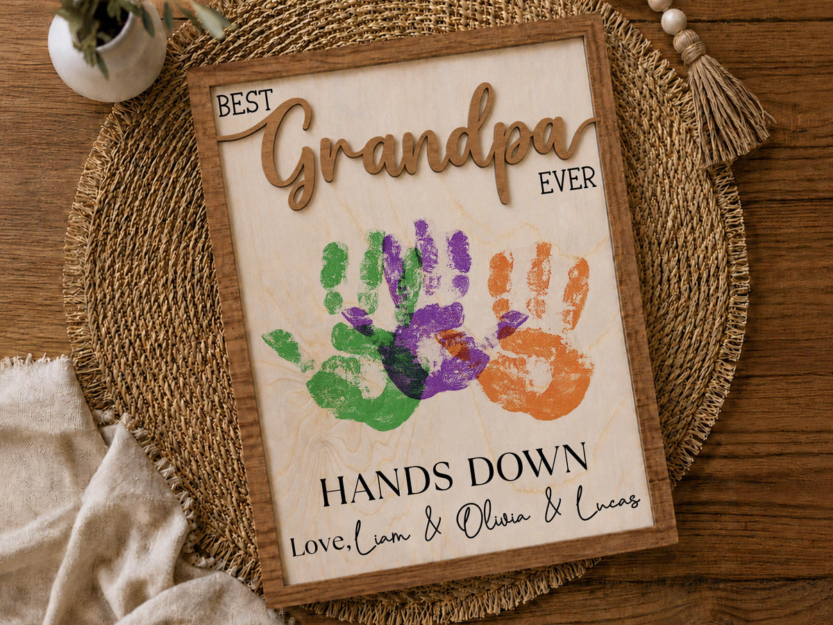 Personalized Hands Down Best Dad Ever Sign, Father's Day Gift for Dad Grandpa, DIY Handprint Wooden Sign, Dad Gift from Kids