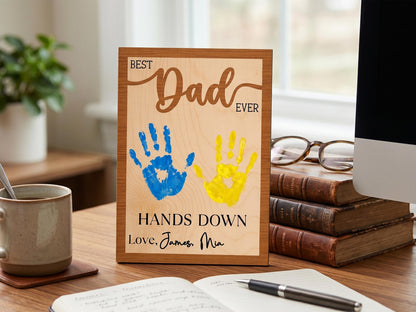 Personalized Hands Down Best Dad Ever Sign, Father's Day Gift for Dad Grandpa, DIY Handprint Wooden Sign, Dad Gift from Kids