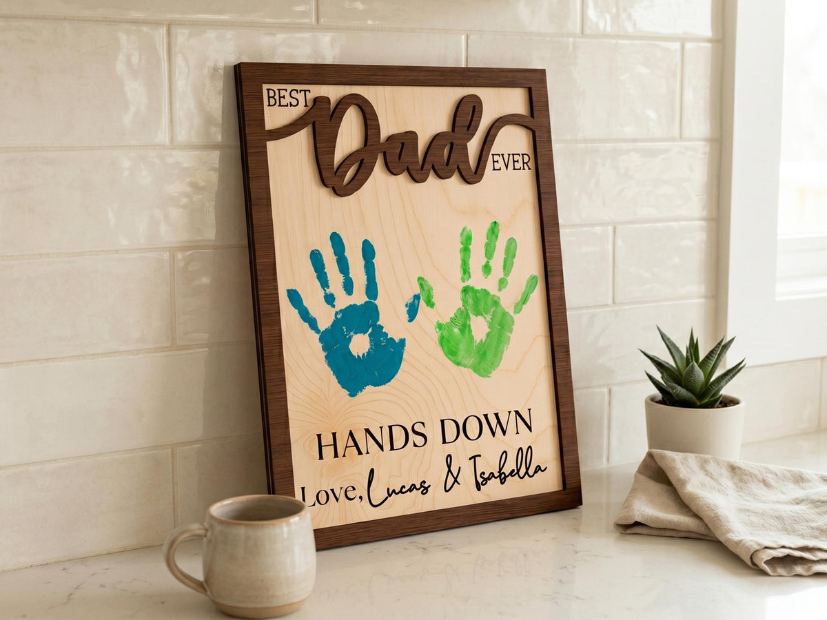 Personalized Hands Down Best Dad Ever Sign, Father's Day Gift for Dad Grandpa, DIY Handprint Wooden Sign, Dad Gift from Kids