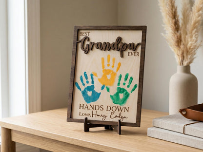 Personalized Hands Down Best Dad Ever Sign, Father's Day Gift for Dad Grandpa, DIY Handprint Wooden Sign, Dad Gift from Kids
