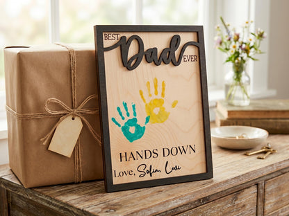 Personalized Hands Down Best Dad Ever Sign, Father's Day Gift for Dad Grandpa, DIY Handprint Wooden Sign, Dad Gift from Kids