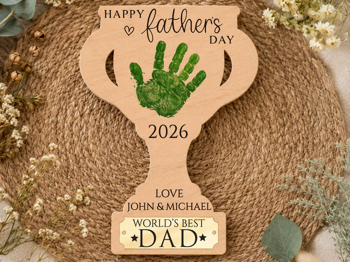 Dad Gift from Kids, Hands Down Best Dad Ever Sign, Personalized Father's Day Handprint Trophy, Kids Keepsake Wood Sign for Daddy Grandpa