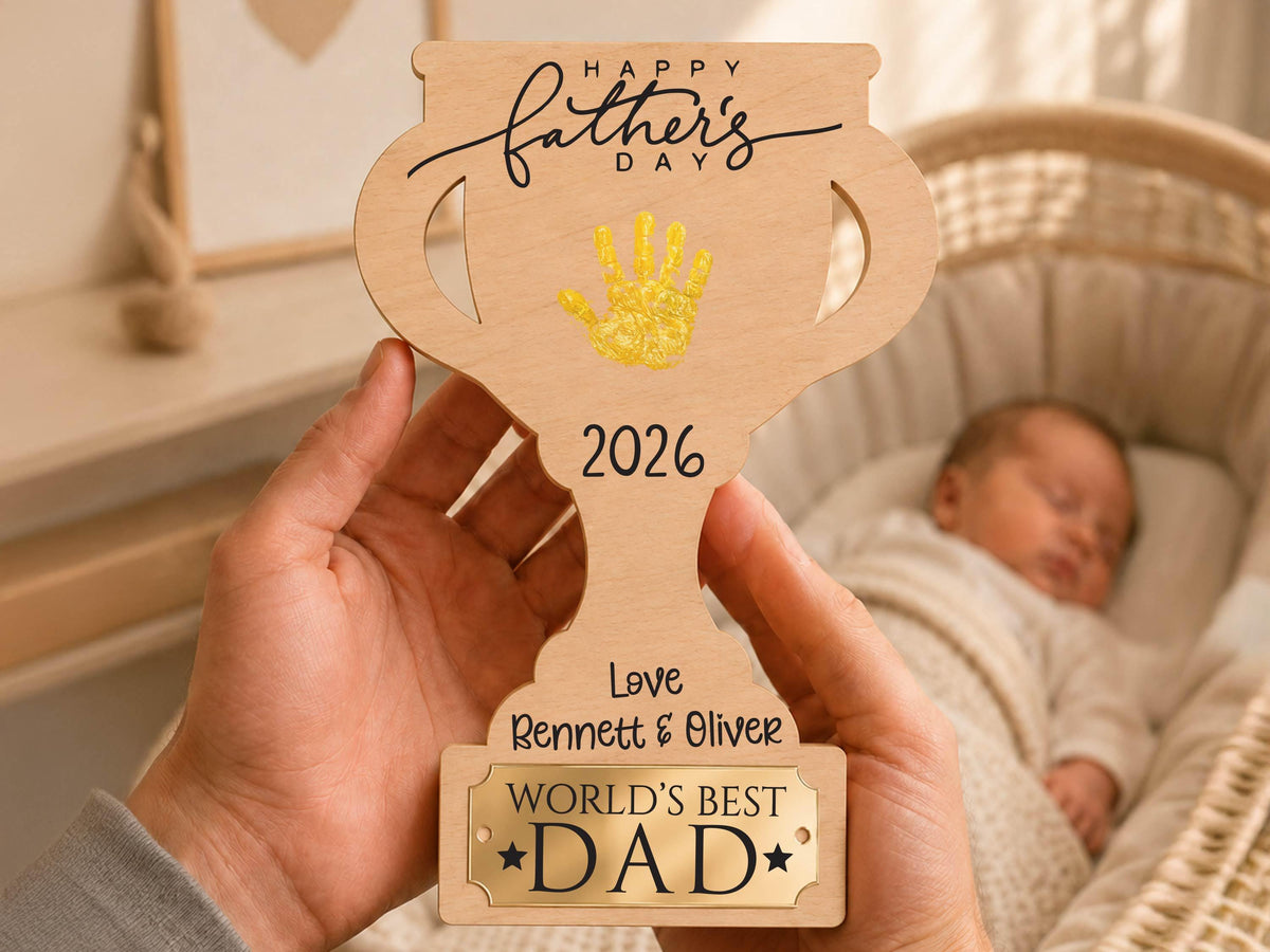 Dad Gift from Kids, Hands Down Best Dad Ever Sign, Personalized Father's Day Handprint Trophy, Kids Keepsake Wood Sign for Daddy Grandpa