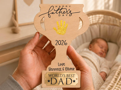 Dad Gift from Kids, Hands Down Best Dad Ever Sign, Personalized Father's Day Handprint Trophy, Kids Keepsake Wood Sign for Daddy Grandpa