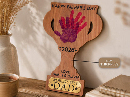 Dad Gift from Kids, Hands Down Best Dad Ever Sign, Personalized Father's Day Handprint Trophy, Kids Keepsake Wood Sign for Daddy Grandpa