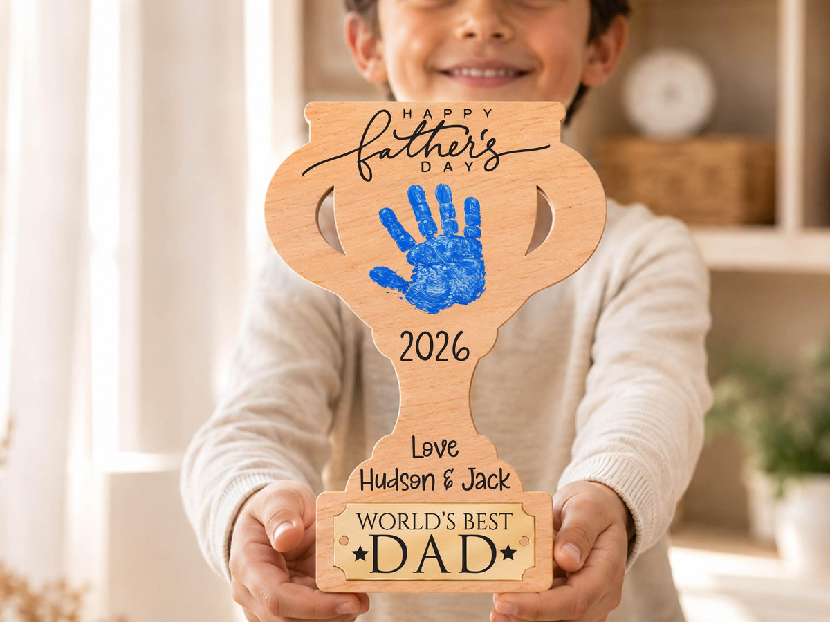 Dad Gift from Kids, Hands Down Best Dad Ever Sign, Personalized Father's Day Handprint Trophy, Kids Keepsake Wood Sign for Daddy Grandpa