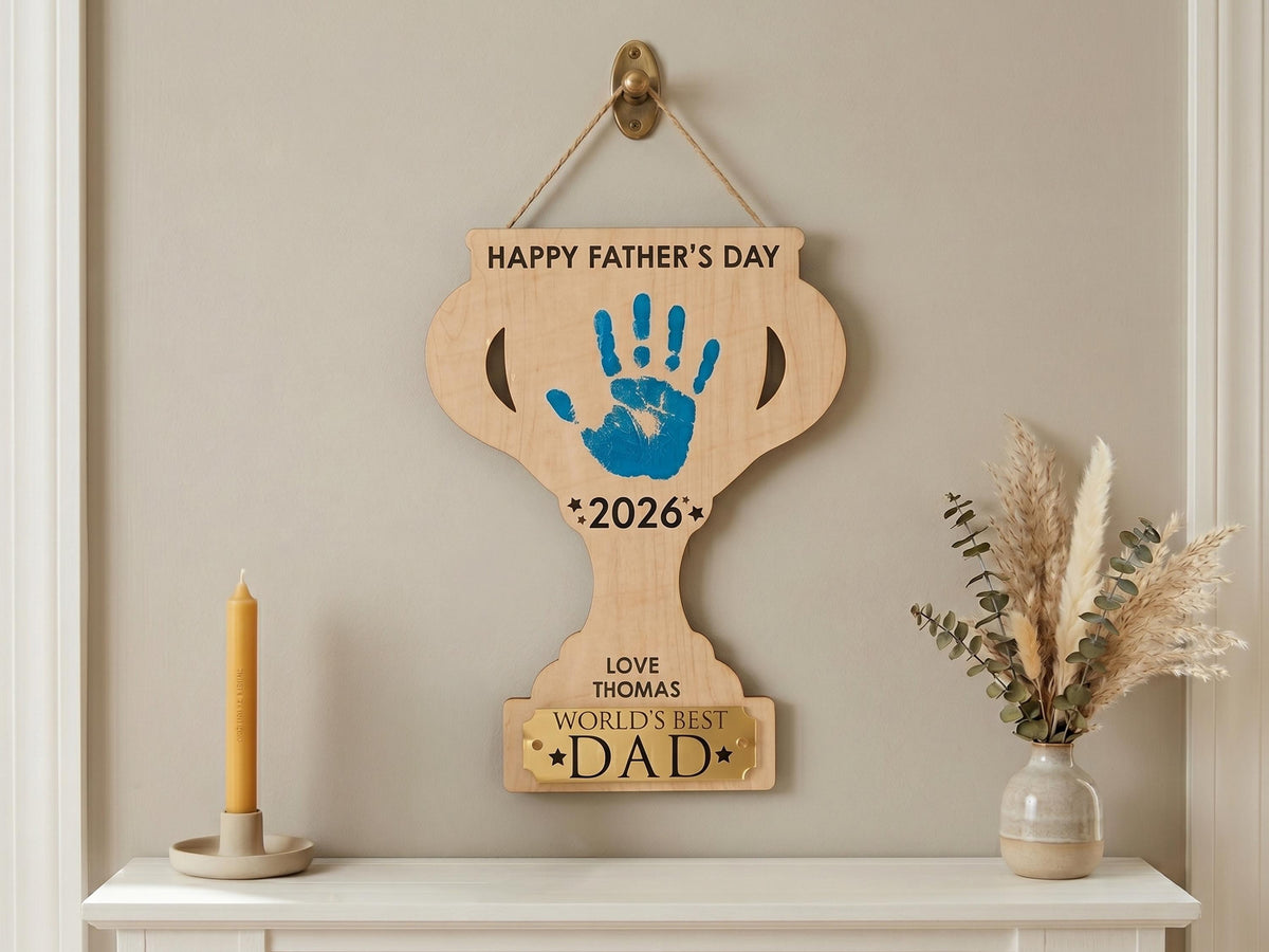 Dad Gift from Kids, Hands Down Best Dad Ever Sign, Personalized Father's Day Handprint Trophy, Kids Keepsake Wood Sign for Daddy Grandpa
