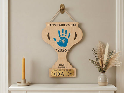 Dad Gift from Kids, Hands Down Best Dad Ever Sign, Personalized Father's Day Handprint Trophy, Kids Keepsake Wood Sign for Daddy Grandpa