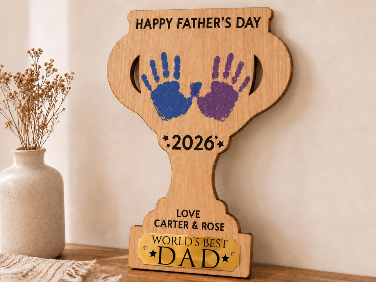 Dad Gift from Kids, Hands Down Best Dad Ever Sign, Personalized Father's Day Handprint Trophy, Kids Keepsake Wood Sign for Daddy Grandpa
