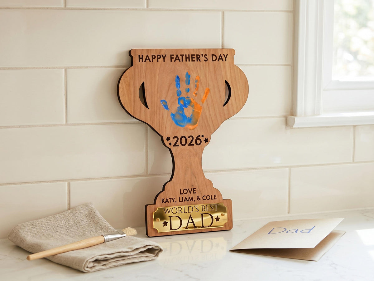 Dad Gift from Kids, Hands Down Best Dad Ever Sign, Personalized Father's Day Handprint Trophy, Kids Keepsake Wood Sign for Daddy Grandpa
